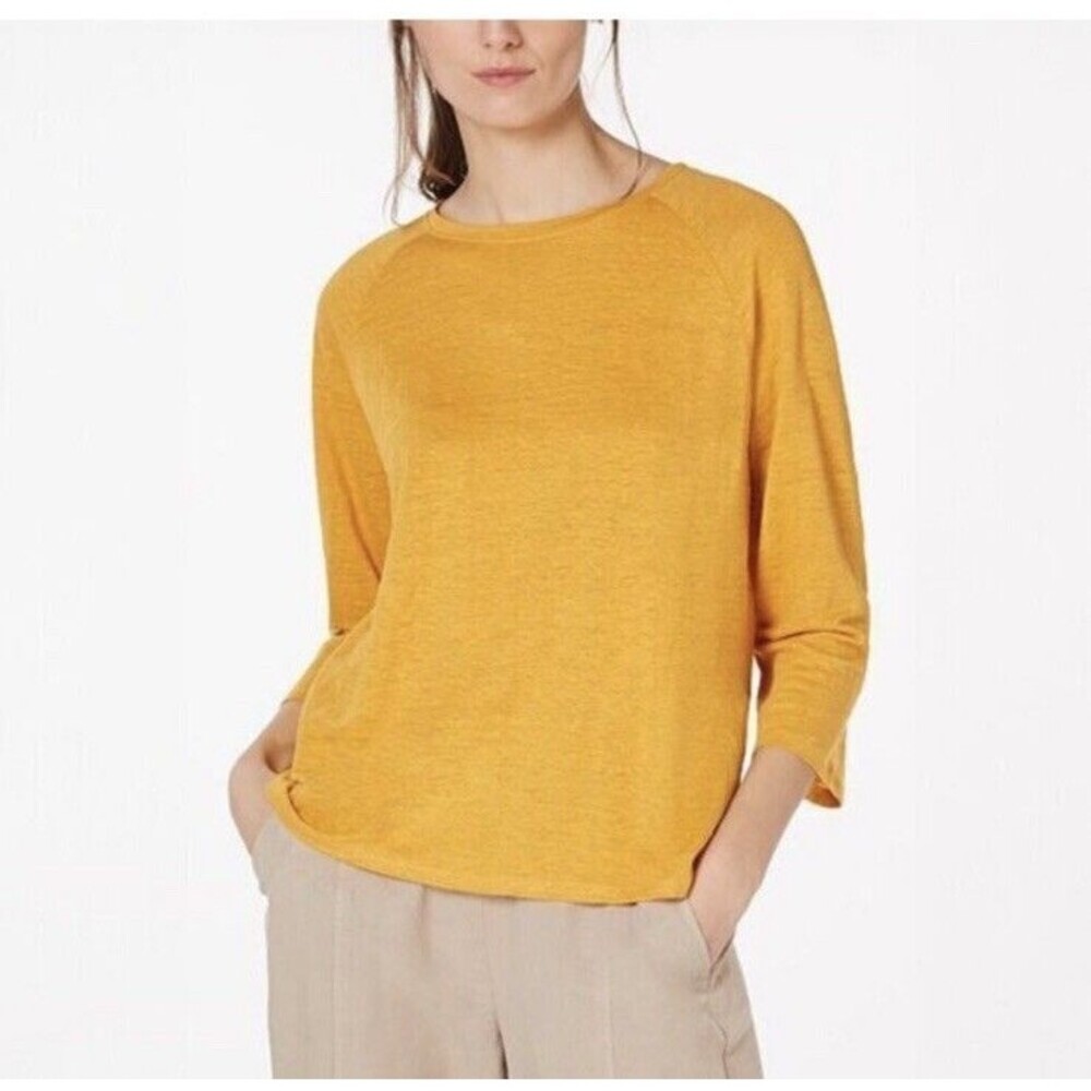 Eileen Fisher Blouse Womens M Yellow Organic Linen Raglan Sleeve Coastal Preppy